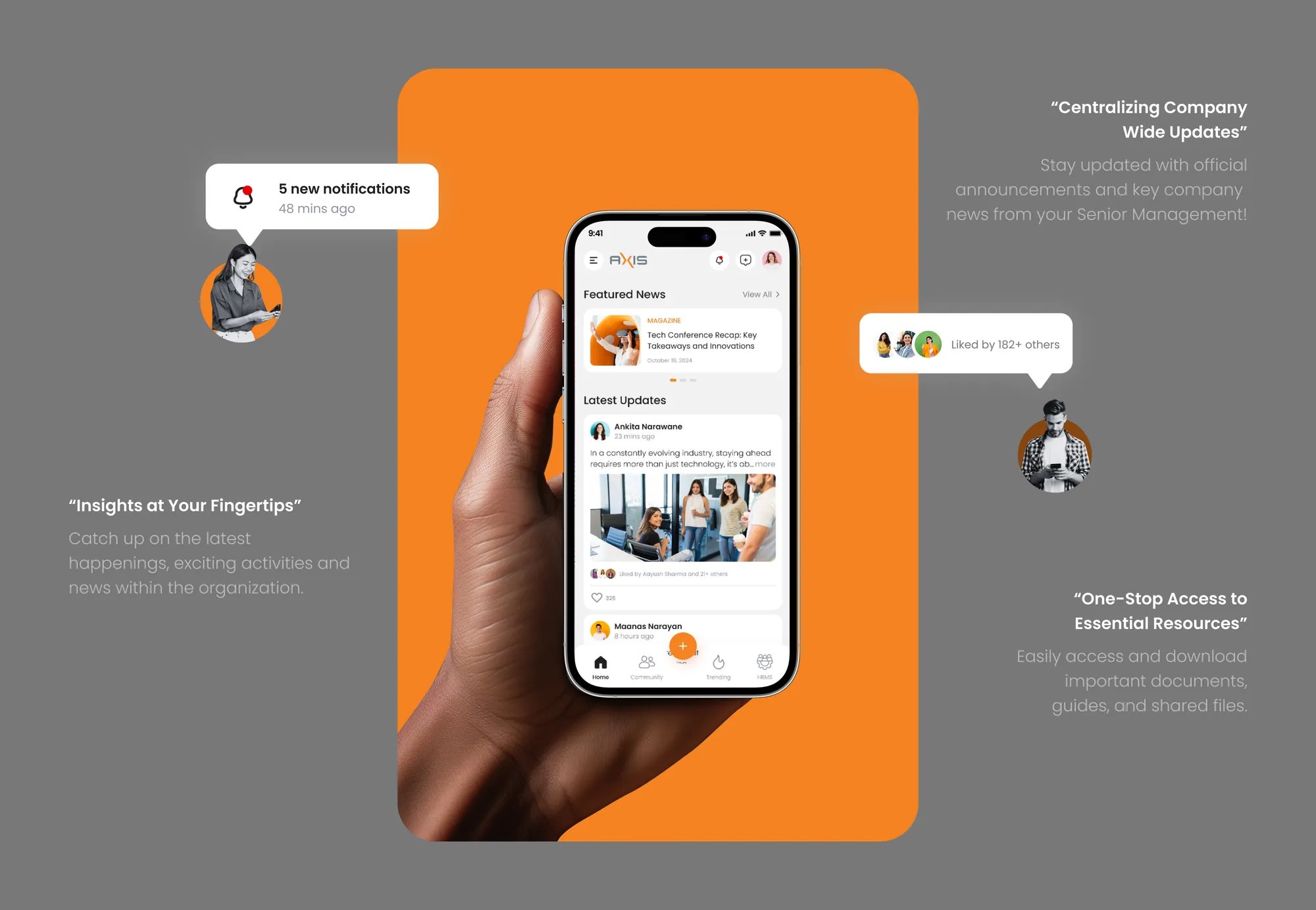 AxHub — home feed app experience with feature highlights