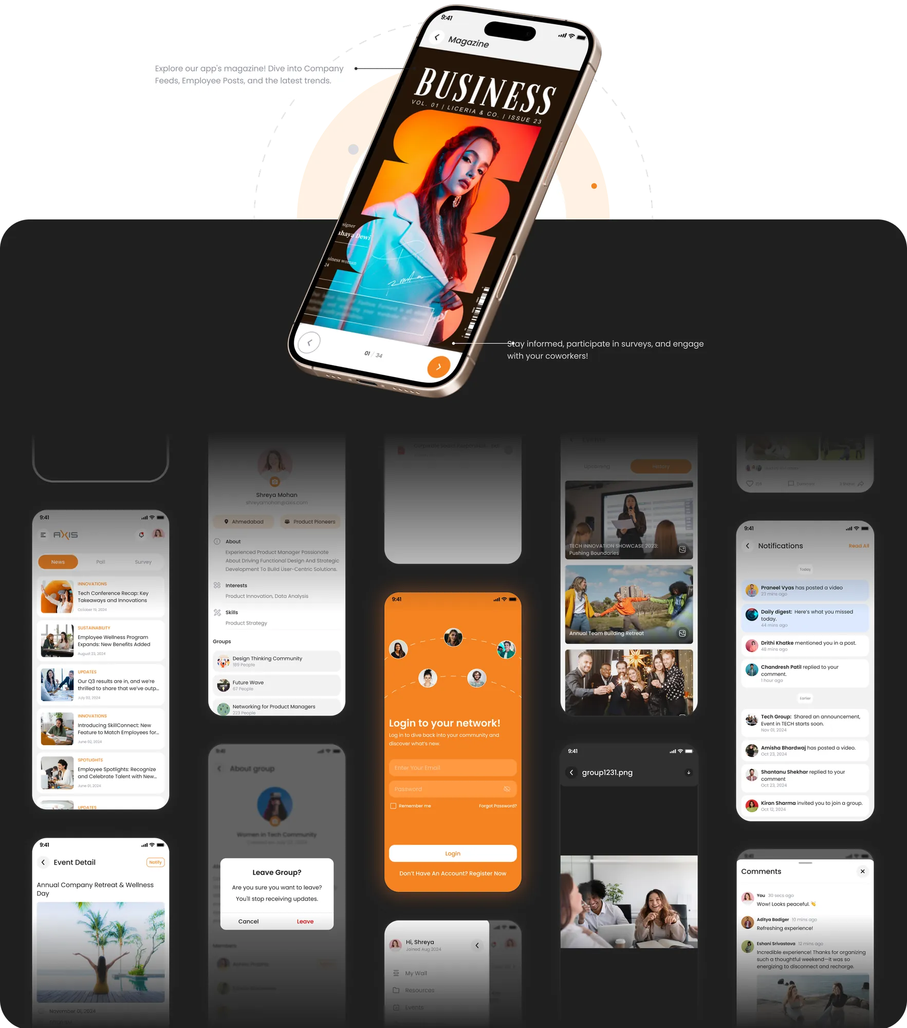 AxHub — 80+ UI screens overview