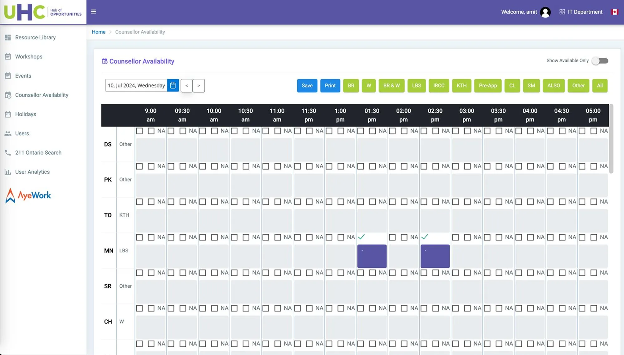UHC old portal — counsellor availability grid